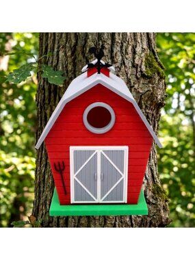 Red Barn Birdhouse Garden Decor with Mounting Bracket